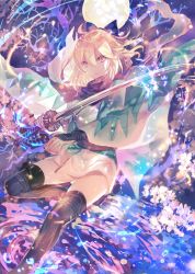 Rule 34 | 1girl, ahoge, arm guards, bare tree, black bow, black scarf, black thighhighs, blonde hair, bow, closed mouth, commentary request, fate/grand order, fate (series), flower, full moon, hair between eyes, hair bow, haori, highres, holding, holding sword, holding weapon, japanese clothes, katana, kimono, leg up, light particles, looking at viewer, moon, obi, okita souji (fate), okita souji (koha-ace), rioka (southern blue sky), sash, scarf, shin guards, shinsengumi, short hair, short kimono, sidelocks, solo, sword, thighhighs, tree, v-shaped eyebrows, weapon, white flower, yellow eyes