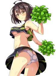 Rule 34 | 1girl, ahoge, alternate costume, ass, azur lane, baltimore (azur lane), black shirt, black skirt, blouse, breasts, brown hair, butt crack, cheerleader, clothes writing, commentary request, cowboy shot, crop top, crop top overhang, from behind, hair between eyes, highres, holding, holding pom poms, large breasts, looking at viewer, looking back, macaroni hourensou, miniskirt, panties, pleated skirt, pom pom (cheerleading), pom poms, shirt, short hair, skirt, sleeveless, sleeveless shirt, solo, sweat, underboob, underwear, white panties, yellow eyes