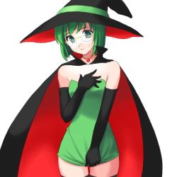 Rule 34 | 1girl, atsukan, cape, dress, elbow gloves, embarrassed, female focus, glasses, gloves, green eyes, green hair, hat, jewelry, matching hair/eyes, pendant, short hair, simple background, solo, strapless, strapless dress, sweat, thighhighs, unknown, witch, witch hat