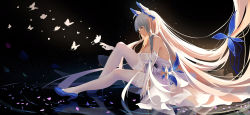 Rule 34 | 1girl, absurdly long hair, absurdres, azur lane, backless dress, backless outfit, blue eyes, blue footwear, blue gemstone, breasts, bug, butterfly, cleavage, cocktail dress, commentary, dress, elbow gloves, english commentary, feather hair ornament, feathers, garter straps, gem, gloves, hair ornament, high heels, highres, illustrious (azur lane), illustrious (illustrious ball) (azur lane), insect, large breasts, long dress, long hair, mole, mole under eye, photoshop (medium), revision, sitting, solo, strapless, strapless dress, thighhighs, very long hair, white dress, white gloves, white hair, white thighhighs, wjn-rance