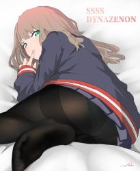 Rule 34 | 1girl, anho, ass, black pantyhose, blue cardigan, blue skirt, blush, brown hair, cardigan, copyright name, eyebrows hidden by hair, finger to mouth, foreshortening, green eyes, gridman universe, looking back, lying, minami yume, miniskirt, on bed, pantyhose, school uniform, skirt, soles, solo, ssss.dynazenon