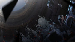 Rule 34 | 1girl, android, blade, blurry, blurry foreground, burnt, character request, damaged, earrings, falling, girls&#039; frontline, grey hair, highres, jewelry, long hair, mechanical legs, official art, paradeus, solo, sparks, spoilers, torn clothes