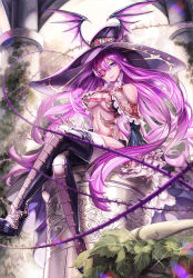 Rule 34 | 1girl, boots, box (hotpppink), breasts, demon wings, detached sleeves, eyepatch, frills, hat, head tilt, high heels, highres, leaf, crossed legs, long hair, looking at viewer, nail polish, navel, original, pillar, plant, pointy ears, purple eyes, purple hair, sitting, solo, sparkle, thigh boots, thighhighs, thorns, very long hair, vines, wings, witch, witch hat
