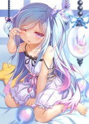 Rule 34 | 1girl, arm up, bare arms, bare shoulders, barefoot, bed sheet, between legs, blue hair, blue ribbon, blurry, blush, collarbone, commentary request, depth of field, dress, drooling, duel monster, frilled dress, frills, full body, gradient hair, hair ornament, highres, long hair, looking at viewer, miyajima (anthem-anthem), multicolored hair, one eye closed, one side up, open mouth, parted bangs, pink hair, purple eyes, purple ribbon, ribbon, rilliona (yu-gi-oh!), rubbing eyes, short dress, sitting, solo, spaghetti strap, strap slip, streaked hair, very long hair, waking up, wariza, white dress, witchcrafter madame verre, yu-gi-oh!