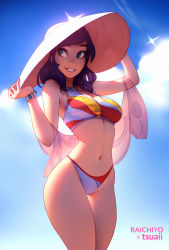Rule 34 | 1girl, absurdres, artist name, bare shoulders, bikini, blue sky, bracelet, breasts, brooke (mleth), cleavage, cleavage cutout, clothing cutout, cloud, cloudy sky, collaboration, cowboy shot, day, green eyes, grin, hand on headwear, hat, highres, jewelry, large breasts, medium breasts, navel, original, outdoors, purple hair, raichiyo33, sky, smile, solo, standing, straw hat, sun hat, swimsuit, tsuaii, white hat