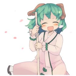 Rule 34 | 1girl, :d, ^ ^, animal ears, blush, broom, commentary, dog ears, dress, closed eyes, facing viewer, fang, green hair, happy, heart sutra, ini (inunabe00), kasodani kyouko, no nose, open mouth, petals, short hair, smile, solo, touhou