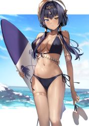 Rule 34 | 1girl, absurdres, beach, bikini, black bikini, black hairband, blue eyes, blue sky, blush, breasts, candace (genshin impact), closed mouth, collarbone, commentary request, dark-skinned female, dark skin, day, genshin impact, hair ornament, hairband, heterochromia, highres, holding, holding clothes, holding footwear, holding surfboard, navel, o-ring, o-ring bikini, o-ring top, ocean, outdoors, short hair with long locks, side-tie bikini bottom, sky, solo, standing, stomach, surfboard, swimsuit, thighlet, xkirara39x, yellow eyes