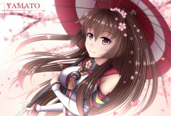 Rule 34 | 10s, 1girl, brown hair, character name, flower, guardian-panda, hair flower, hair ornament, highres, japanese clothes, kantai collection, long hair, long sleeves, miko, parasol, petals, ponytail, red eyes, solo, umbrella, yamato (kancolle)