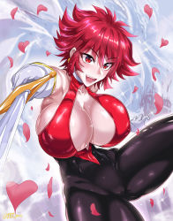 Rule 34 | 1girl, blush, breasts, cameltoe, cleavage, cleavage cutout, clothing cutout, cutie honey, cutie honey (character), earrings, female focus, gloves, groin, highres, holding, holding sword, holding weapon, huge breasts, jewelry, legs, legs apart, leotard, light blush, looking at viewer, nose blush, open mouth, petals, puripuri jet, red eyes, red hair, shiny clothes, short hair, simple background, smile, solo, sword, thighs, weapon, white gloves