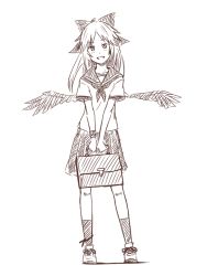 Rule 34 | 1girl, :d, alternate costume, black wings, bow, contemporary, hair bow, kawashina (momen silicon), long hair, looking at viewer, low wings, monochrome, open mouth, radiation symbol, reiuji utsuho, school uniform, serafuku, simple background, smile, solo, touhou, white background, wings
