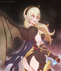 Rule 34 | 1girl, armor, armored leotard, armpits, arms around neck, ass, black cape, black hairband, black leotard, black thighhighs, blonde hair, breasts, cape, cleavage, clenched hand, corrin (female) (fire emblem), corrin (fire emblem), determined, dragon girl, dragon tail, fang, female focus, fire emblem, fire emblem fates, gauntlets, gradient background, hair between eyes, hair ornament, hairband, highres, holding, intelligent systems, leotard, long hair, looking back, looking to the side, medium breasts, multiple views, neckerchief, nintendo, official alternate costume, open mouth, pointy ears, raydango, red eyes, shiny skin, shoulder armor, sidelocks, slit pupils, source request, standing, tail, thighhighs, thong leotard, torn cape, torn clothes, turnaround, v-shaped eyebrows, wavy hair