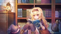 Rule 34 | 1girl, bag, black cat, black dress, blonde hair, bloomers, blush, book, book focus, book stack, bookshelf, cat, cloak, dot nose, dress, female focus, game cg, gloves, hair between eyes, hairband, hat, highres, holding, holding book, indoors, lamp, little witch nobeta, long hair, nobeta, non-web source, official art, open book, phyllis (cat) (little witch nobeta), phyllis (little witch nobeta), purple cloak, purple headwear, purple thighhighs, reading, red eyes, red hairband, shoulder bag, sitting, solo, straight hair, thighhighs, thighs, underwear, unworn hat, unworn headwear, wall, white gloves, witch hat