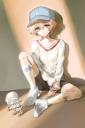 Rule 34 | 100zi, 2girls, argyle clothes, argyle socks, baseball cap, bike shorts, black shorts, blue eyes, blue headwear, chibi, closed mouth, commentary, frown, girls und panzer, hat, highres, knee up, long sleeves, looking at viewer, mika (girls und panzer), multiple girls, shadow, shirt, shoes, short hair, shorts, sitting, sneakers, socks, solo focus, t-shirt, tulip hat, white footwear, white hair, white shirt, white socks, youko (girls und panzer)