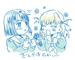 Rule 34 | 2girls, :o, ^ ^, blunt bangs, blunt ends, closed eyes, commentary request, crossed bangs, expressive hair, flower (symbol), hair ornament, hasu no sora school uniform, hinoshita kaho, holding, holding microphone, interview, limited palette, link! like! love live!, long sleeves, love live!, medium hair, microphone, momose ginko, multiple girls, neckerchief, open mouth, partially colored, rabbit hair ornament, sailor collar, school uniform, short hair, simple background, smile, stop (gesture), translated, two side up, virtual youtuber, white (waterwhite), white background, winter uniform
