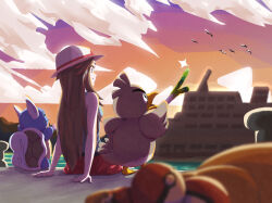 Rule 34 | 1girl, absurdres, arm support, bag, blurry, blurry foreground, boat, brown hair, closed mouth, cloud, commentary, creatures (company), farfetch&#039;d, game freak, gen 1 pokemon, green shirt, hat, highres, keeno-ringo46, leaf (pokemon), long hair, nintendo, outdoors, poke ball, poke ball (basic), pokemon, pokemon (creature), pokemon frlg, red skirt, shirt, sitting, skirt, sleeveless, sleeveless shirt, smile, twilight, unworn bag, wartortle, watercraft, white headwear