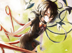 Rule 34 | 1girl, ?, asymmetrical wings, black dress, black hair, black thighhighs, bow, bowtie, center frills, cowboy shot, dress, frills, hisona (suaritesumi), houjuu nue, leaning forward, looking at viewer, red bow, red bowtie, red eyes, short dress, short hair, short sleeves, solo, standing, thighhighs, touhou, ufo, wings