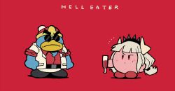 Rule 34 | 2boys, alcohol, belt, closed mouth, cup, drinking glass, full body, fusion, glasses, hairband, halftone, helltaker, helltaker (character), highres, holding, holding cup, horns, jacket, king dedede, kirby, kirby (series), lucifer (helltaker), mole, mole under eye, multiple boys, nintendo, notice lines, pants, parody, pink skin, raised eyebrow, rariatto (ganguri), red background, red eyes, red footwear, red shirt, shirt, shoes, simple background, standing, sunglasses, thick eyebrows, tiara, title parody, white hair, white jacket, white pants, wig, wine, wine glass