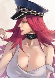 Rule 34 | 1girl, bare shoulders, black collar, black hat, breasts, capcom, cleavage, collar, collarbone, final fight, green eyes, hara kenshi, hat, highres, large breasts, long hair, looking at viewer, looking to the side, off-shoulder shirt, off shoulder, peaked cap, pink hat, poison (final fight), shirt, sleeveless, sleeveless shirt, solo, street fighter, tank top, upper body, white shirt