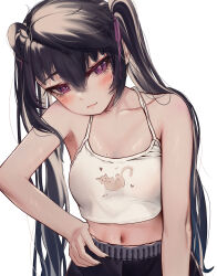 Rule 34 | 1girl, ahoge, bare shoulders, black hair, black nails, black shorts, blush, breasts, closed mouth, commentary request, dolphin shorts, hair between eyes, hair ribbon, hand on own hip, highres, long hair, looking at viewer, loose hair strand, medium breasts, mesugaki, midriff, mole, mole on breast, nail polish, original, priite hari (torriet), purple eyes, purple ribbon, ribbon, shirt, shorts, simple background, sleeveless, sleeveless shirt, smile, solo, standing, stomach, torriet, twintails, upper body, white background
