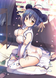 Rule 34 | 1girl, ahoge, ass, bangle, blue hair, blush, bracelet, breasts, cherry blossoms, china dress, chinese clothes, cleavage, cup, detached sleeves, double bun, dress, hair between eyes, hair bun, hair ribbon, highres, indoors, japanese clothes, jewelry, large breasts, original, panties, ribbon, see-through, shoes, unworn shoes, solo, sousouman, thighhighs, underwear, wet, white thighhighs, window, yellow eyes