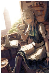 Rule 34 | apron, braid, clock, crossed legs, cup, dagger, drawing (object), dutch angle, grey eyes, highres, holding, indoors, izayoi sakuya, knife, light particles, maid apron, maid headdress, neck ribbon, pantyhose, pen, plant, pocket watch, potted plant, profile, ribbon, saucer, silver hair, sitting, sketch, smile, solo, stool, sunlight, tea, teacup, teapot, toufu koubou, touhou, tree, twin braids, unbuttoned, unbuttoned shirt, waist apron, watch, weapon, window, wrist cuffs