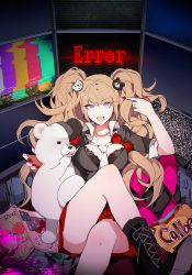 Rule 34 | 10s, 1girl, bad anatomy, bad id, bad pixiv id, between breasts, blonde hair, blue eyes, boots, bow, breasts, brown hair, cleavage, danganronpa (series), danganronpa: trigger happy havoc, enoshima junko, hair ornament, large breasts, long hair, looking at viewer, monokuma, nail polish, necktie, open mouth, relly, sitting, skirt, sleeves rolled up, smile, solo, spoilers, twintails