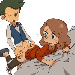 Rule 34 | 1boy, 1girl, ass grab, bed, bed sheet, bent over, blue eyes, blush, brown hair, clothes lift, doggystyle, dress, dress lift, ernest greeves, from behind, hetero, katrielle layton, layton&#039;s mystery journey, nintendo, one eye closed, panties around leg, professor layton, red dress, sex, sex from behind, sheet grab, surprised, sweat, thigh grab, thighhighs, wavy hair, wavy mouth, white background