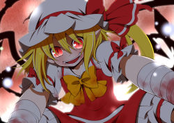 Rule 34 | 1girl, bandages, blonde hair, blood, blush, eichi yuu, fangs, flandre scarlet, hat, looking at viewer, open mouth, pointy ears, red eyes, side ponytail, slit pupils, smile, solo, touhou, vampire, wings