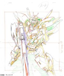 Rule 34 | color trace, earthree gundam, gun, gundam, gundam build divers, gundam build divers re:rise, highres, holding, holding gun, holding weapon, looking up, mecha, no humans, official art, production art, red eyes, robot, solo, traditional media, v-fin, weapon, white background