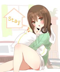 Rule 34 | 1girl, :o, absurdres, blush, brown eyes, brown hair, commentary request, curtains, english text, feet out of frame, from side, green hoodie, hair between eyes, hand up, headphones, headphones around neck, highres, hood, hood down, hoodie, indoors, knee up, lap pillow, long hair, long sleeves, looking at viewer, looking to the side, non (wednesday-classic), hugging object, open mouth, original, pillow, pillow hug, plant, potted plant, sitting, solo, window
