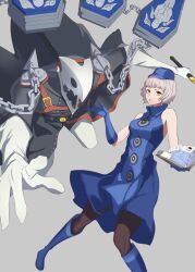 Rule 34 | 1girl, bare shoulders, blue dress, blue footwear, blue gloves, blue headwear, blunt bangs, book, boots, breasts, chain, coffin, dress, elizabeth (persona), gloves, grey hair, hat, highres, holding, holding book, looking at viewer, medium breasts, open mouth, pantyhose, persona, persona (summon), persona 3, persona 4: the ultimate in mayonaka arena, s-m-53413, short hair, simple background, sleeveless, sleeveless dress, taut clothes, taut dress, thanatos (persona), turtleneck, yellow eyes