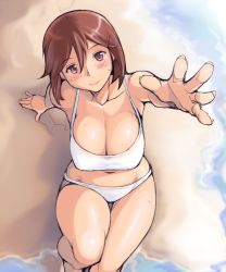 Rule 34 | 00s, 1girl, beach, bikini, blush, breasts, brown eyes, brown hair, cleavage, collarbone, glasses, hair ornament, hairclip, large breasts, navel, aged up, outstretched hand, rozen maiden, short hair, smile, solo, souseiseki, sweatdrop, swimsuit, thigh gap, thighs, tsuda nanafushi, water