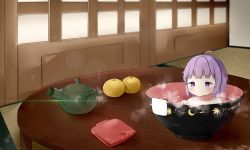Rule 34 | 1girl, ahoge, bad id, bad pixiv id, bathing, blunt bangs, blurry, blush, bokeh, bowl, depth of field, diffraction spikes, expressionless, folded clothes, food, fruit, in bowl, in container, indoors, light particles, light purple hair, looking at viewer, mandarin orange, mini person, minigirl, nude, partially submerged, poco (zdrq3), purple eyes, short hair, sliding doors, solo, steam, sukuna shinmyoumaru, table, tatami, teapot, touhou, towel, unworn kimono, water