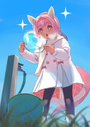 Rule 34 | 1girl, animal ears, black legwear, boots, breath, bucket, buttons, coat, commentary request, double-breasted, ear covers, faucet, flower-shaped pupils, hairband, haru urara (umamusume), holding, horse ears, horse girl, horse tail, hose, ice, kakuchoshi, long hair, long sleeves, open mouth, outdoors, pink hair, ponytail, scarf, solo, sparkle, standing, symbol-shaped pupils, tail, umamusume, white coat