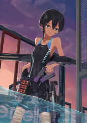 Rule 34 | ammunition belt, black hair, braid, cartridge, competition swimsuit, dusk, facial tattoo, gradient sky, gun, highres, holster, holstered, looking at viewer, multicolored hair, number tattoo, one-piece swimsuit, original, partially submerged, pink sky, purple hair, purple sky, sem (sempix), short hair, shotgun, shotgun shell, side braid, sky, swimsuit, tan, tanline, tattoo, thigh holster, wading, water, weapon, weapon behind back, wet