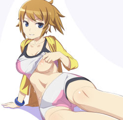 Rule 34 | 10s, 1girl, arm support, bike shorts, blue eyes, breast slip, breasts, brown hair, caryo, clothes lift, gundam, gundam build fighters, gundam build fighters try, hoshino fumina, jacket, large breasts, looking at viewer, lying, midriff, nanashino, navel, nipples, on side, one breast out, ponytail, shadow, shirt lift, solo, sports bra, sports bra lift, sweat, two-tone sports bra