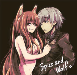 Rule 34 | 1boy, 1girl, animal ears, brown eyes, brown hair, clothed male nude female, coat, craft lawrence, grin, holo, long hair, navel, nude, red eyes, silver hair, smile, spice and wolf, tanashi (mk2), wolf ears