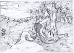 Rule 34 | 1girl, arm support, ball and chain restraint, bow, chain, cliff, cloud, cuffs, dated, drinking, forest, from side, gourd, graphite (medium), greyscale, hair bow, hand up, highres, holding, horn bow, horn ornament, horns, ibuki suika, key frame, long skirt, looking at viewer, looking to the side, makicha (sasurainopink), monochrome, nature, outdoors, scan, shoes, sitting, skirt, sky, solo, touhou, traditional media, vest
