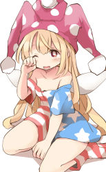 Rule 34 | 1girl, american flag dress, american flag legwear, bare shoulders, blonde hair, blush, breasts, clownpiece, collarbone, commentary request, dress, fairy wings, hair between eyes, hand on own face, hand up, hat, highres, jester cap, long hair, looking to the side, medium breasts, mukuroi, no shoes, off-shoulder dress, off shoulder, one-hour drawing challenge, one eye closed, open mouth, pink hat, polka dot, pom pom (clothes), red eyes, seiza, shadow, short sleeves, simple background, sitting, socks, solo, star (symbol), star print, striped clothes, striped dress, striped socks, tongue, touhou, white background, wings