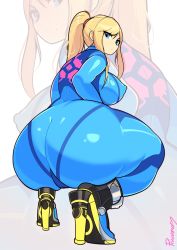 Rule 34 | 1girl, artist name, ass, ass focus, blonde hair, blue bodysuit, blue eyes, bodysuit, breasts, cameltoe, commentary, covered erect nipples, high heels, highres, huge ass, large breasts, long hair, looking back, metroid, nintendo, nipples, ponytail, probablynoon, samus aran, shiny clothes, skin tight, solo, squatting, thick thighs, thighs, zero suit, zoom layer