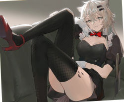 Rule 34 | 1girl, animal ears, arknights, black thighhighs, bow, bowtie, breasts, cleavage, commentary, couch, feet out of frame, gloves, grey background, grey eyes, grin, hair between eyes, hair ornament, hairclip, high heels, highres, knees up, koio, lappland (arknights), long hair, looking at viewer, material growth, medium breasts, oripathy lesion (arknights), parted lips, puffy short sleeves, puffy sleeves, red bow, red bowtie, red footwear, scar, scar across eye, scar on face, short sleeves, silver hair, smile, solo, thighhighs, thighs, white gloves, wolf ears