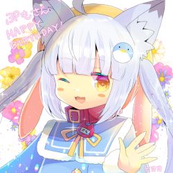 Rule 34 | + +, 1girl, ;d, ahoge, animal ear fluff, animal ears, blue dress, blue flower, blush, blush stickers, brown eyes, collar, commentary request, dress, fang, floral background, flower, fur-trimmed sleeves, fur trim, hair ornament, happy birthday, hat, kou hiyoyo, long hair, long sleeves, one eye closed, open mouth, original, penguin hair ornament, purple flower, red collar, ribbon, silver hair, smile, solo, translation request, twintails, upper body, yellow flower, yellow hat, yellow ribbon