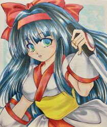 1girl ainu_clothes blue_hair blush breasts fingerless_gloves gloves green_eyes highres large_breasts long_hair looking_at_viewer nakoruru pink_lips samurai_spirits snk solo the_king_of_fighters traditional_media weapon