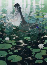 Rule 34 | 1boy, bad id, bad pixiv id, beads, black hair, day, closed eyes, flower, hair ornament, hair tubes, highres, holding, japanese clothes, juzumaru tsunetsugu, kaimen mo, kimono, leaf, lily pad, long hair, low-tied long hair, male focus, nature, outstretched hand, partially submerged, pond, prayer beads, ripples, solo, touken ranbu, very long hair, water, wet, wet clothes, white flower, white kimono