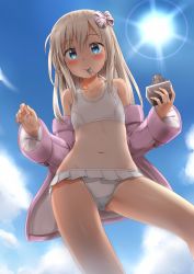 Rule 34 | 10s, 1girl, absurdres, bare legs, bikini, blonde hair, blue eyes, blue sky, blush, bow, bowtie, collarbone, day, food, gluteal fold, groin, hair between eyes, hair ribbon, highres, ice cream, jacket, kantai collection, long hair, looking at viewer, navel, nedia (nedia region), one-piece swimsuit, one-piece tan, pink jacket, ribbon, ro-500 (kancolle), sky, spoon, sprinkles, sun, swimsuit, tan, tanline, utensil in mouth, white one-piece swimsuit