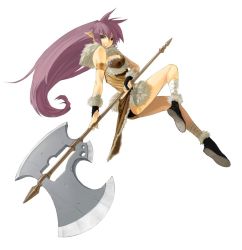 Rule 34 | 1girl, ass, axe, bandages, battle axe, breasts, cleavage, green eyes, grin, huge weapon, jumping, long hair, pointy ears, purple hair, shimotsuki eight, smile, solo, weapon