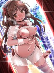 Rule 34 | 1girl, :d, absurdres, anchor necklace, blouse, blush, bra, breasts, brown eyes, brown hair, cleavage, clothes lift, commentary request, female focus, gluteal fold, hair ribbon, highres, holding, holding microphone, idolmaster, idolmaster cinderella girls, jewelry, long hair, looking at viewer, medium breasts, microphone, navel, naz (garyuuya), necklace, nipples, open mouth, panties, ribbon, sailor collar, school uniform, see-through, see-through shirt, see-through skirt, serafuku, shimamura uzuki, shirt, shirt lift, short sleeves, sidelocks, skirt, smile, solo, stage, stage curtains, stage lights, standing, striped bra, striped clothes, striped panties, striped thighhighs, thighhighs, thighs, underwear, white headwear, white sailor collar, white shirt, white skirt, wrist cuffs