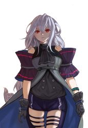 Rule 34 | 1girl, arknights, bare shoulders, black gloves, breasts, commentary request, gloves, hair between eyes, long hair, looking at viewer, moth1, pants, red eyes, short shorts, shorts, silver hair, simple background, skadi (arknights), skadi (elite ii) (arknights), solo, very long hair, white background