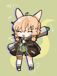 Rule 34 | +++, 1girl, :d, ^ ^, ahoge, animal ears, arknights, arm up, black footwear, black jacket, black shorts, blonde hair, blue gloves, blush stickers, bow, brown background, chibi, closed eyes, facing viewer, full body, gloves, green bow, green shirt, hair between eyes, hair bow, highres, jacket, kroos (arknights), mom2, open clothes, open jacket, open mouth, outstretched arm, ribbed legwear, shirt, shoes, short shorts, shorts, sidelocks, smile, socks, solo, standing, white socks