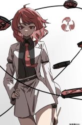 Rule 34 | 1girl, absurdres, ahoge, black shirt, closed mouth, collared shirt, commentary request, drum, drum set, hand on own hip, highres, horikawa raiko, instrument, jacket, long sleeves, looking at viewer, necktie, one-hour drawing challenge, red eyes, red hair, red necktie, shirt, short hair, skirt, solo, touhou, ve1024, white background, white jacket, white skirt